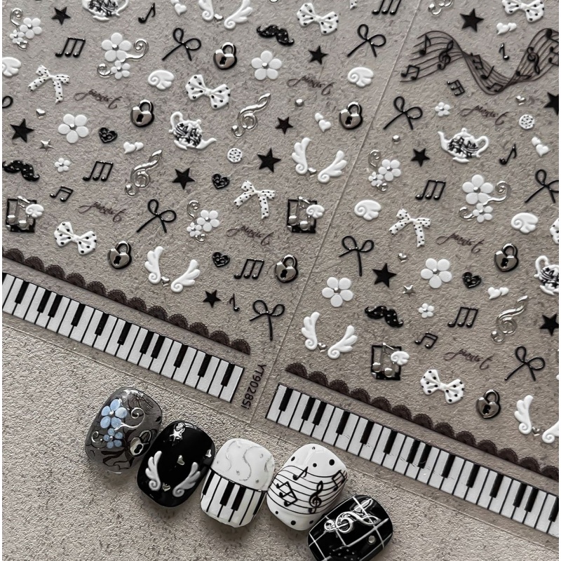블랙 화이트 피아노 노트 네일 스티커 레트로 음악 스타 - Audio Music Notes 리뷰 및 가격